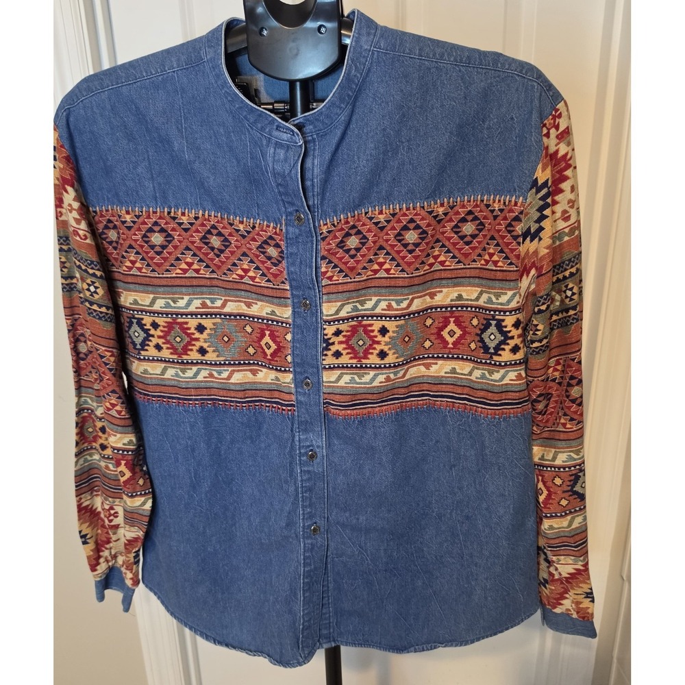 Roper Womens Denim Shirt Southwestern Aztec Tapestry Button Front Western 18"...